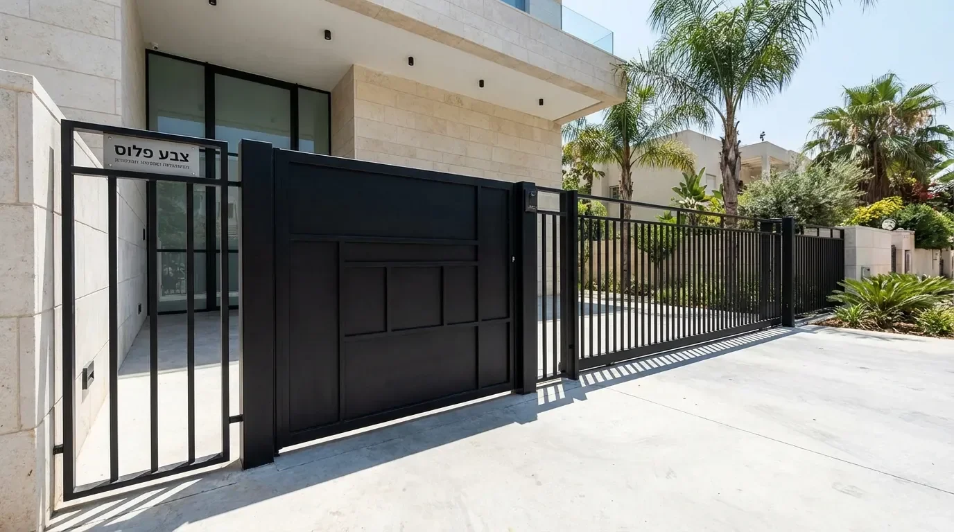 שער מתכת צבוע בצבע שחור מבריק בסביבה אדריכלית מודרנית